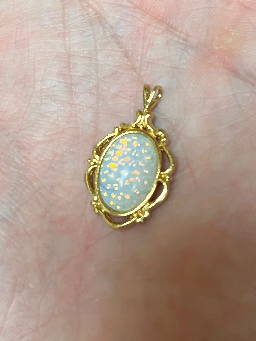Gold-Tone Opal Oval Pendant Necklace - Iridescent White Opalescent